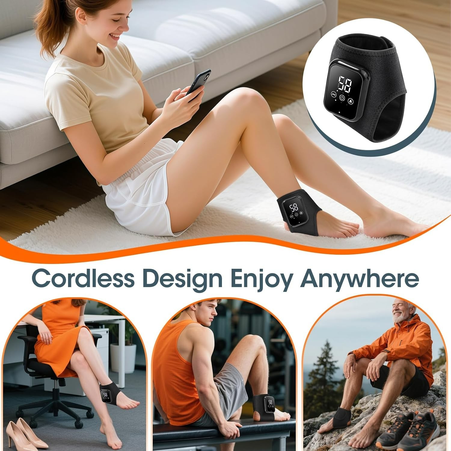Ultra-Comfort Cordless Ankle Heating Pad: Auto Shut-Off & Custom Massage Relief