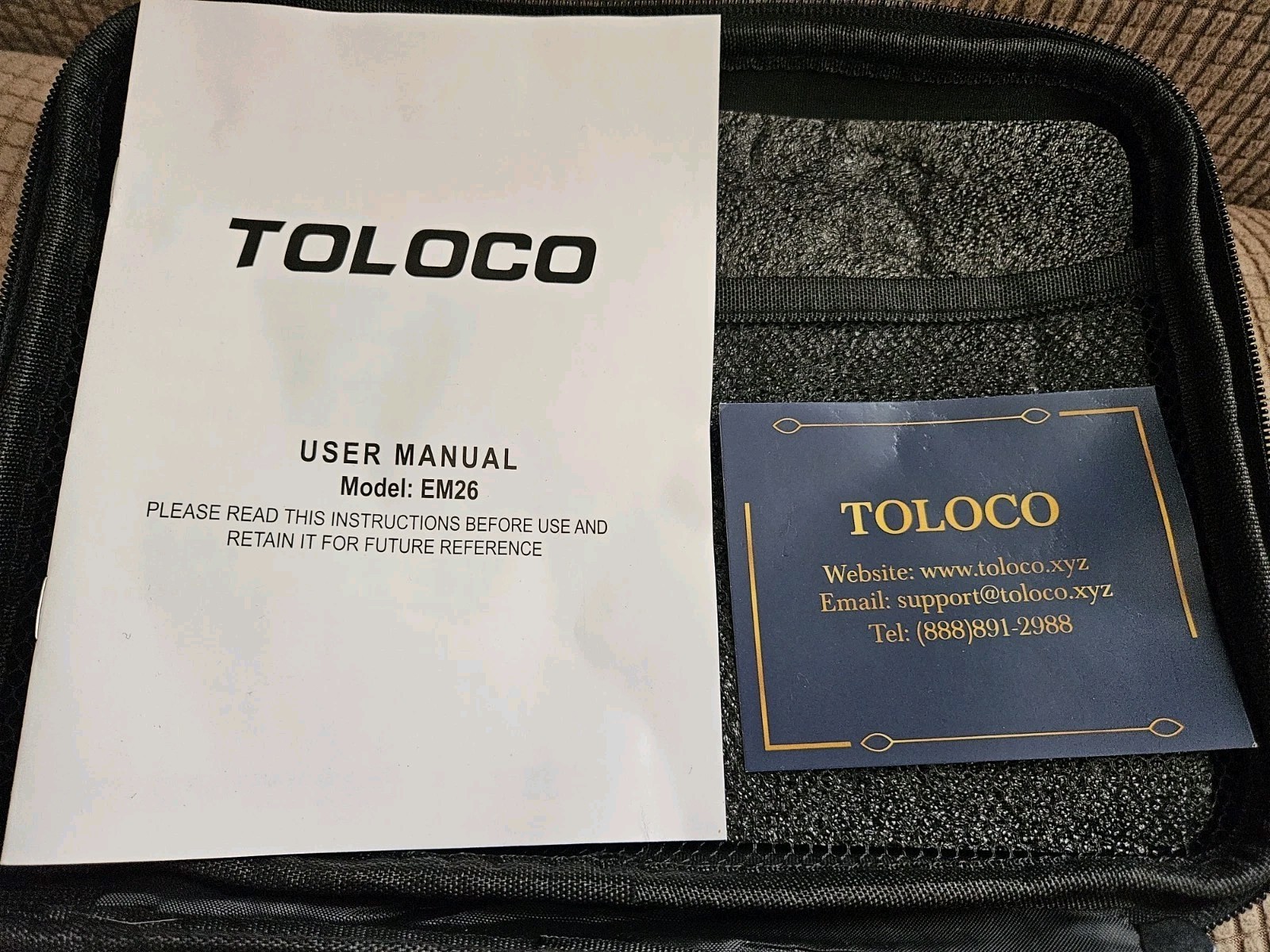 Toloco EM26 BK Handheld Massage Gun Manual 10 Massage Heads USB Cable Case 20W