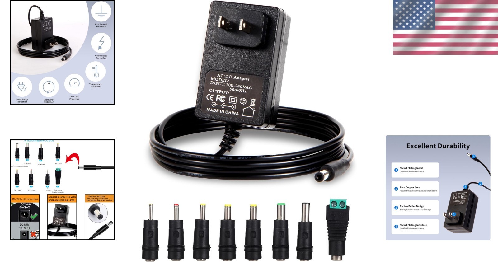AC DC Adapter Charger – 16.8V 1A with 8 Interchangeable Tips