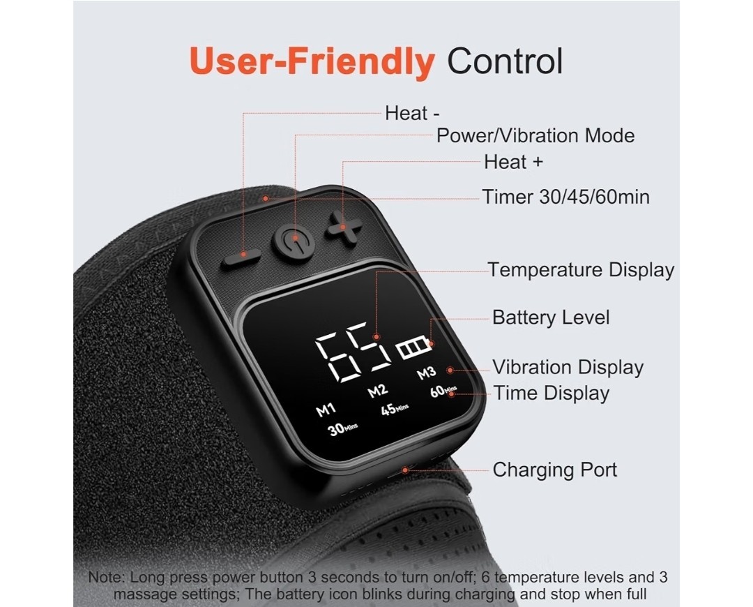 KLUGPOP Heated Cordless Rechargeable Vibrating Knee Massager Black KPF-KNEE09