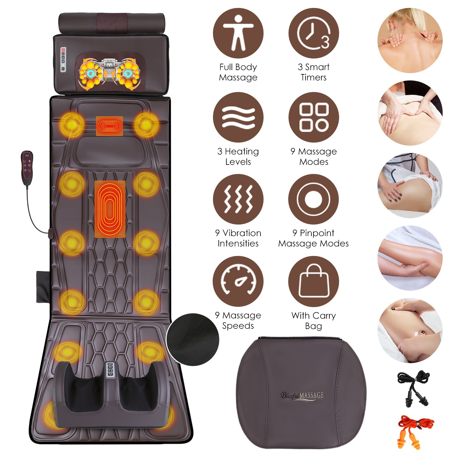 72×21″ Electric Massage Mattress Vibrating Heating Chair Pad Full Body Massager