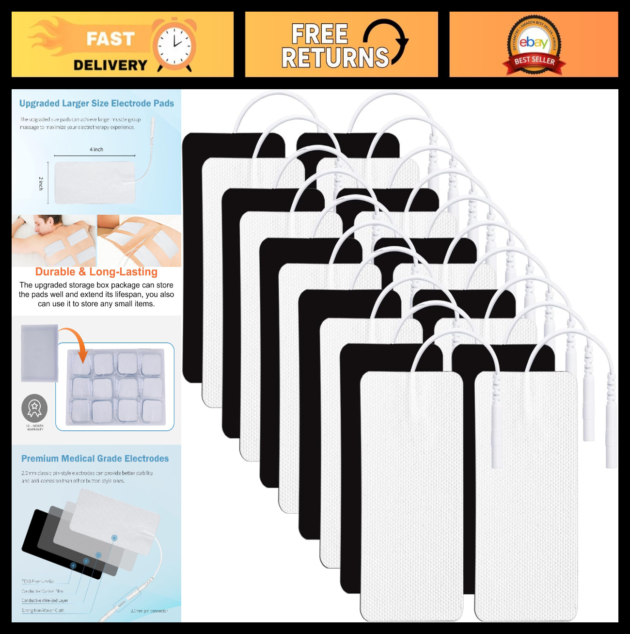 20 Large TENS Unit Replacement Pads 2″x4″ – Self-Adhesive, Reusable Electrothera