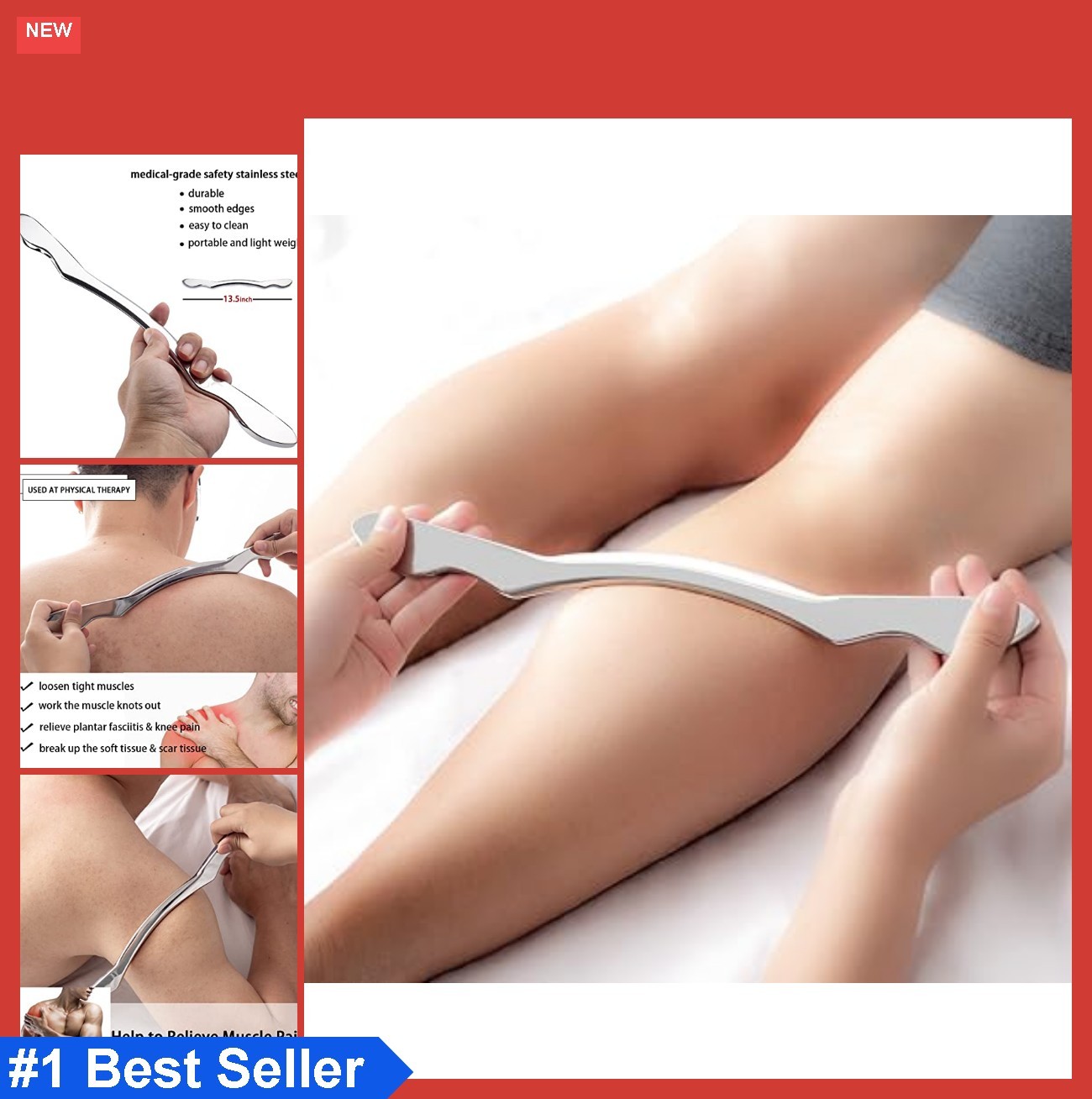 Gua Sha Scraping Massage Tool Stainless Steel Long Bar IASTM for Large Muscles