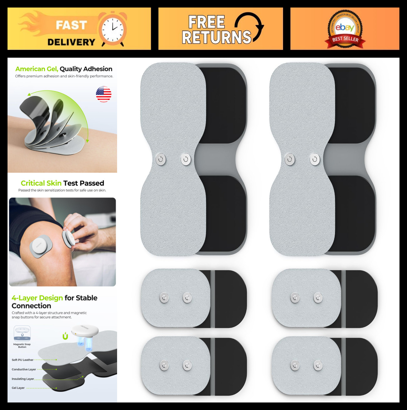 Wireless TENS Unit Replacement Pads – 12-Pack, Reusable, Skin-Friendly, 2 Sizes