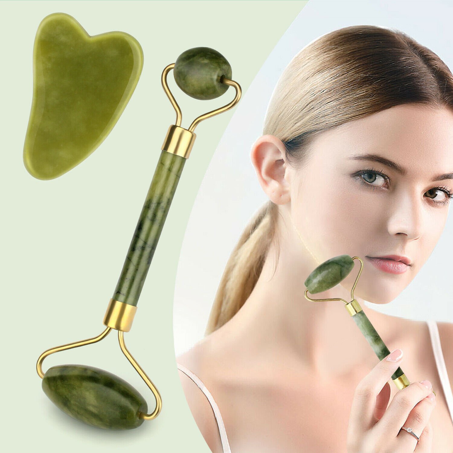 2x Anti Aging Natural Jade Roller Gua Sha Face Body Eye Board Set Massager Tool
