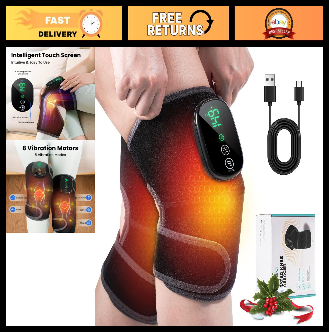 Cordless Knee Heating Pad – 3-in-1 with Vibration, 5 Heat Modes, Auto-Off, 2PCS