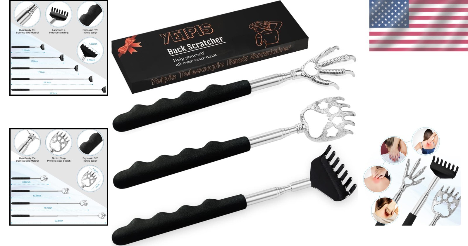 Telescoping Back Massager Tools – Unique 3 Claw Designs for Hard-to- Itches