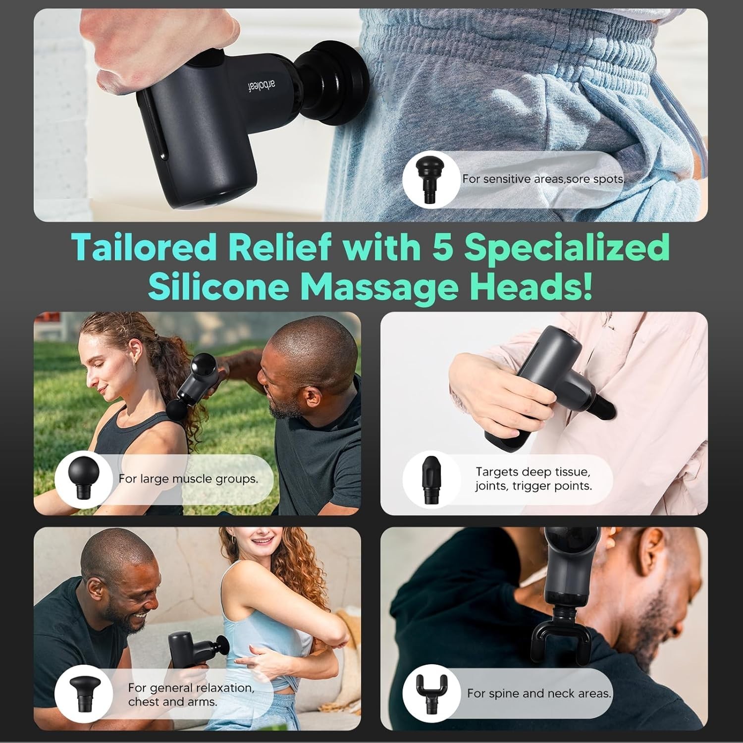 Quiet Handheld Massage Gun with 5 Speed Settings & Carrying Case – Charcoal
