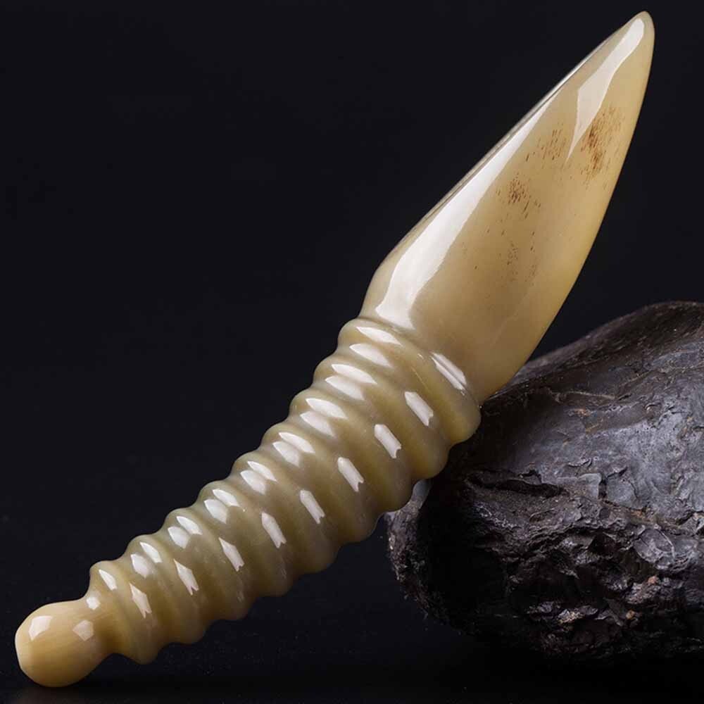 Yellow Buffalo Horn Gua Sha Scraping Board Threaded Barrel Massage Tool 6.7″