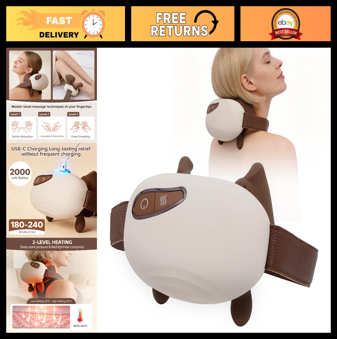 Deep Tissue Neck & Shoulder Massager – 4D Shiatsu, 3 Modes, Portable Relief