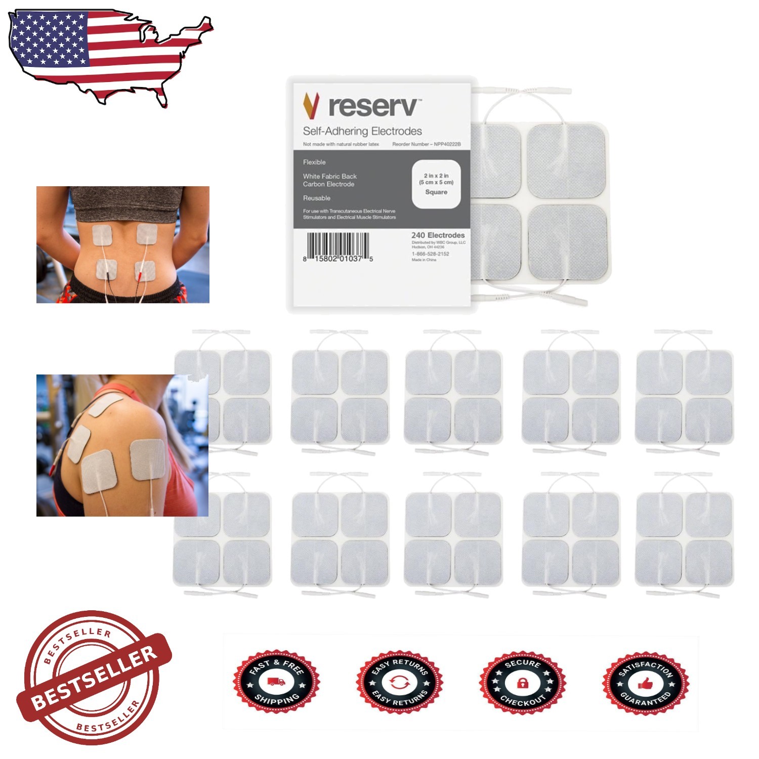 High-Quality 2×2″ TENS EMS Electrode Pads – 240 Count, Latex Free, Reusable