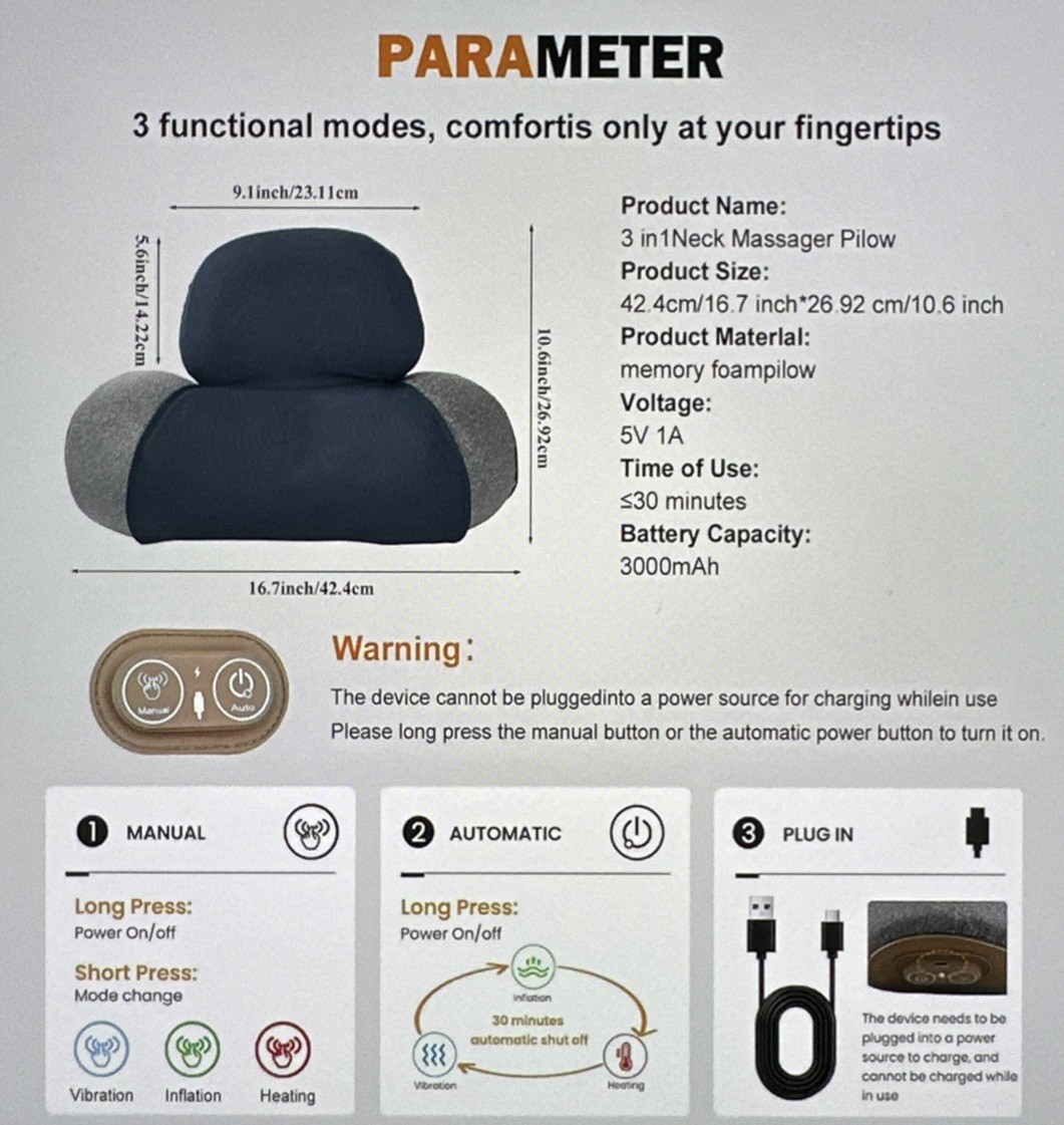 3-in-1 Neck Massager Pillow With Heating & Traction