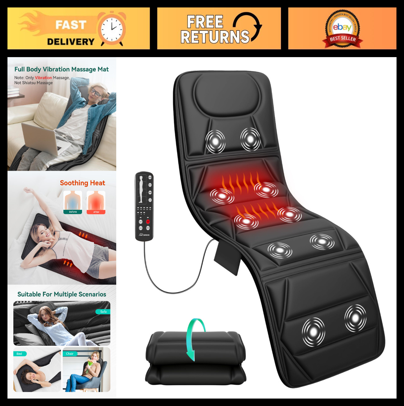 Full Body Massage Mat Pad with 10 Vibration Motors, 5 Modes & Heating – Gift for