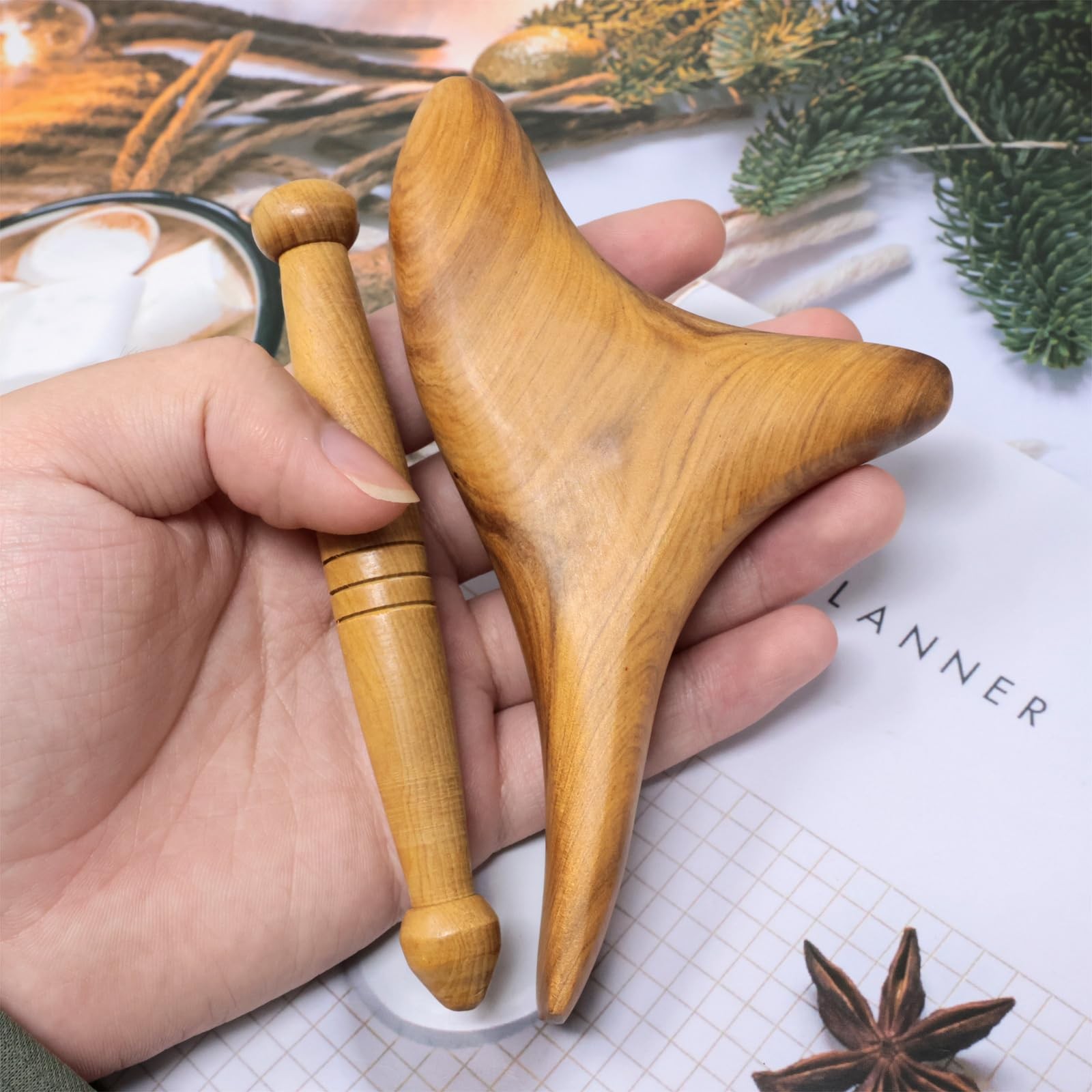 2PCS Reflexology Tools Wood Body Massager Triangle Gua Sha Board Scraping Boa…