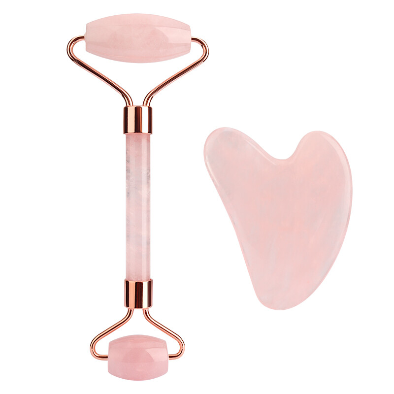 Rose Quartz Jade Roller & Gua Sha Face Body Therapy Massager Stone Set Natural