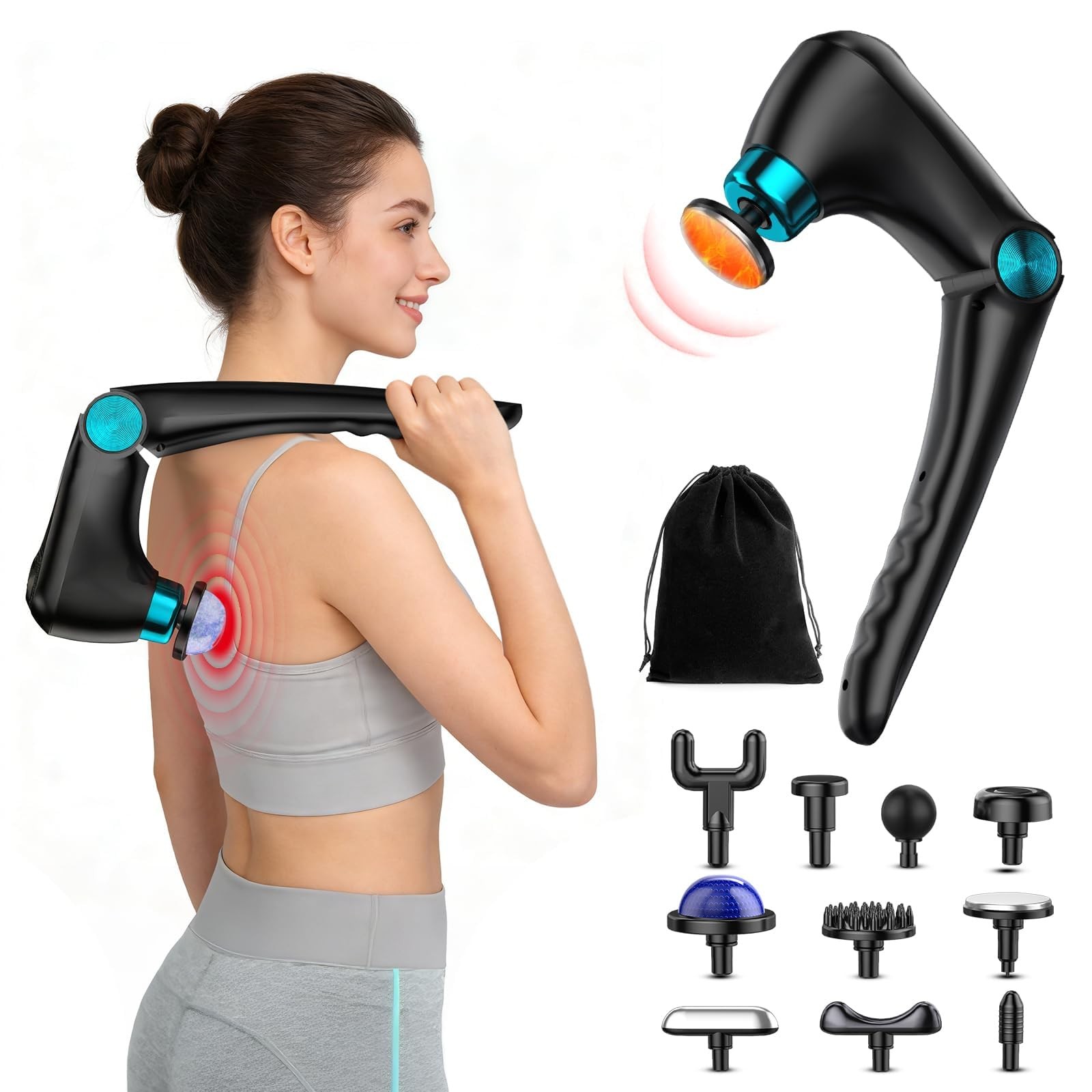 Foldable Heat Cold Massage Gun, 9 Speeds 10 Heads Cordless Handheld Percussio…