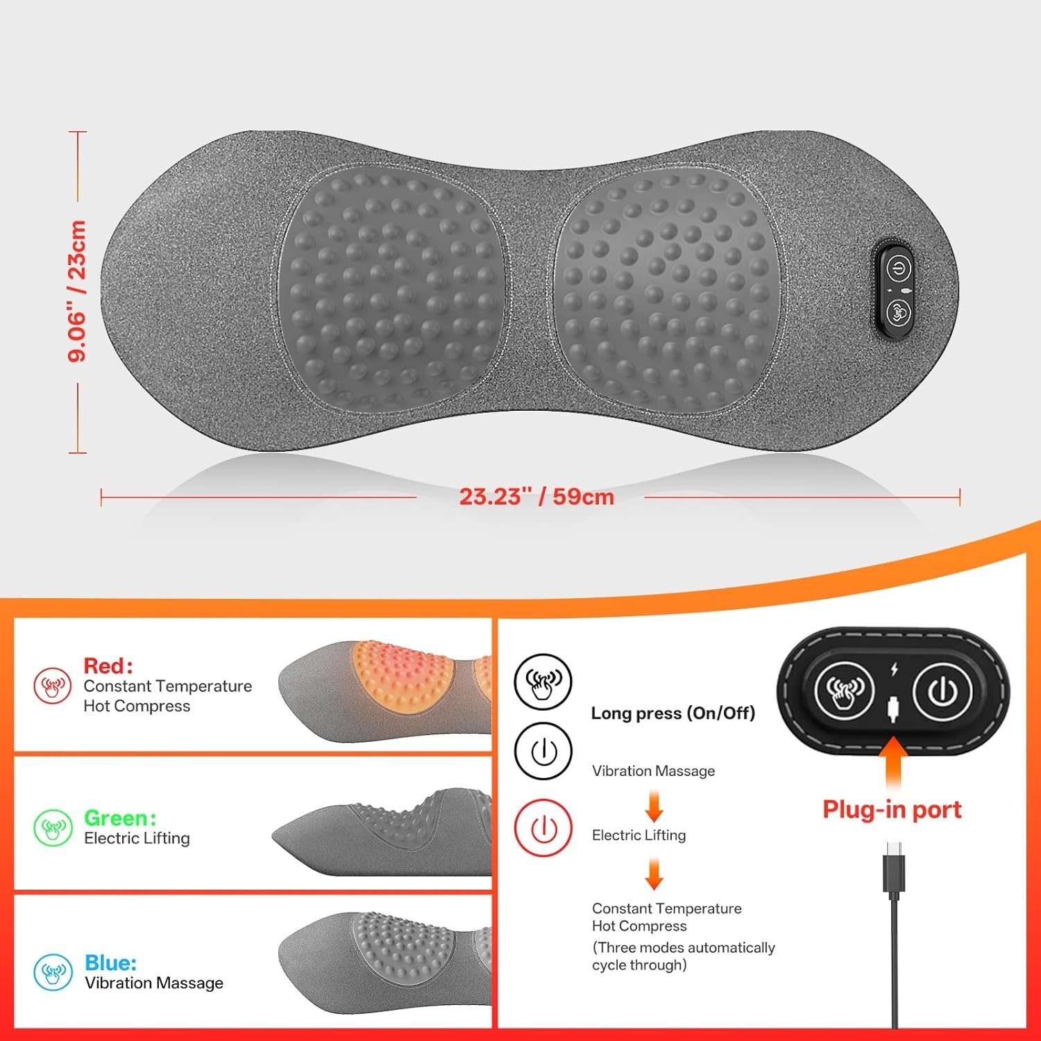 Multi-functional Back Massager Pillow Featuring Heat & Vibration Therapy – Gray