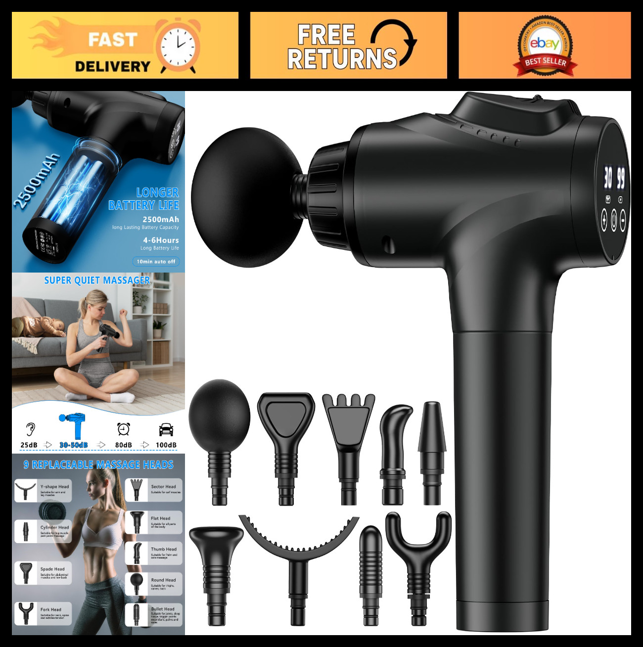 Handheld Deep Tissue Massage Gun for Athletes, 30 Speed Levels, 9 Attachments, P