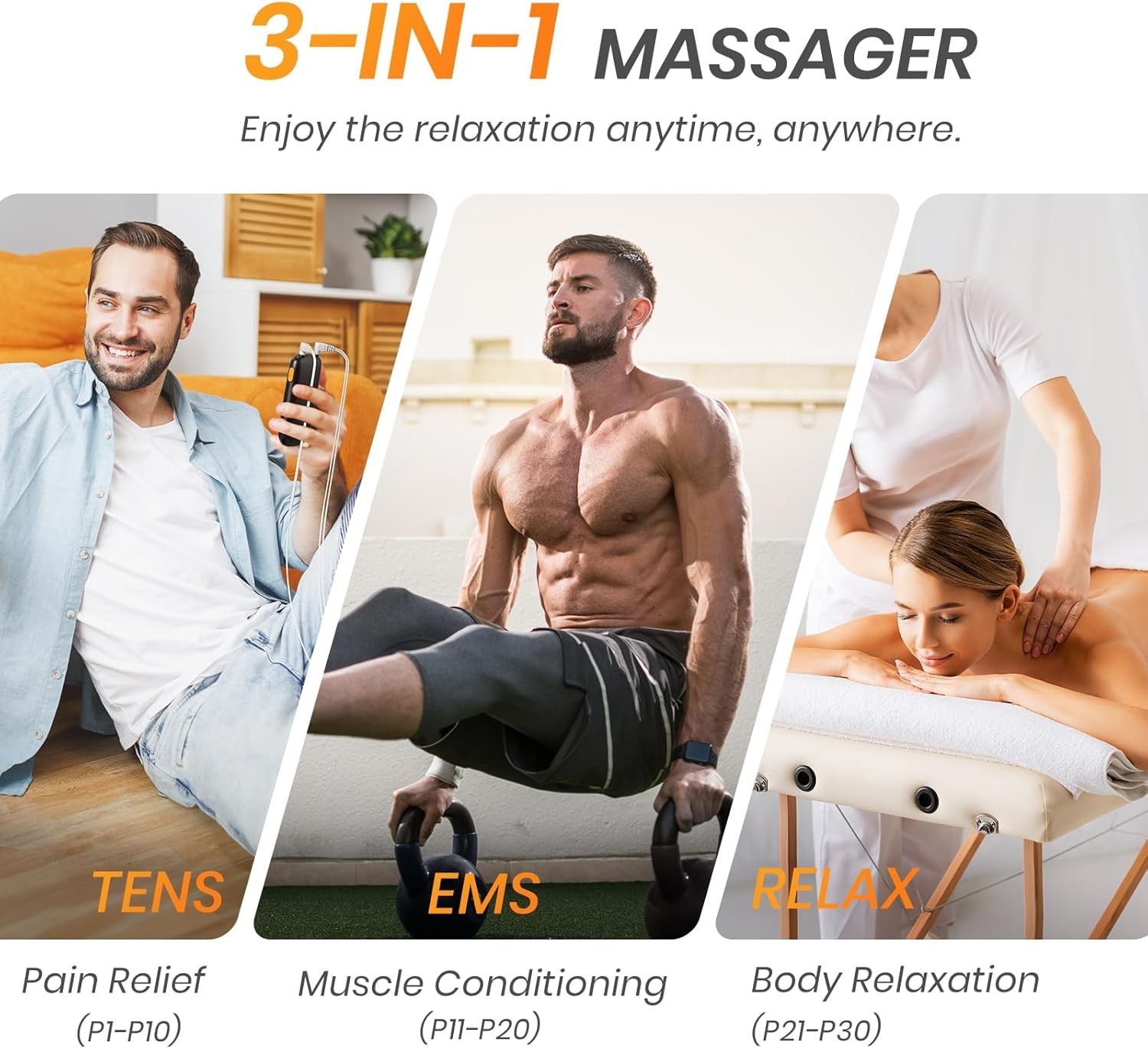 3-in-1 TENS Unit Muscle Stimulator with 30 Modes, 40 Intensities TENS Machine fo