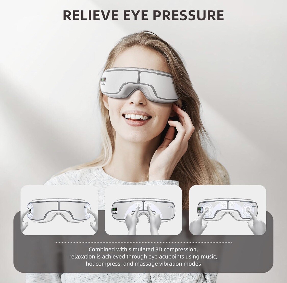 Eye Massager wHeat Vibration Compress Migraine White Improves Sleep Beinkap New