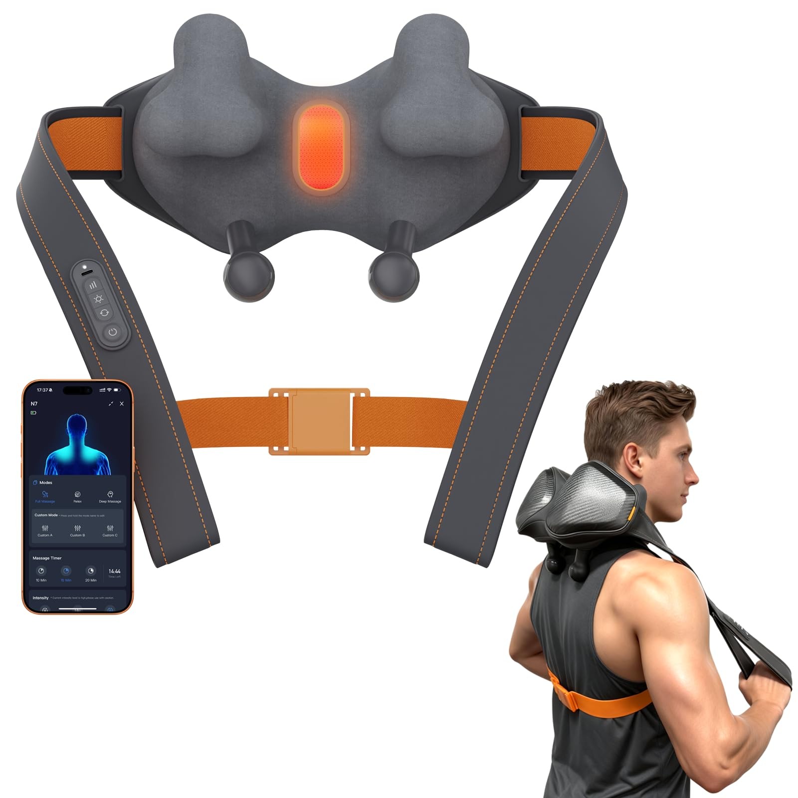 Smart Heated Shiatsu Neck Shoulder Back Massager, App-enabled, 8 Extra-Wide B…