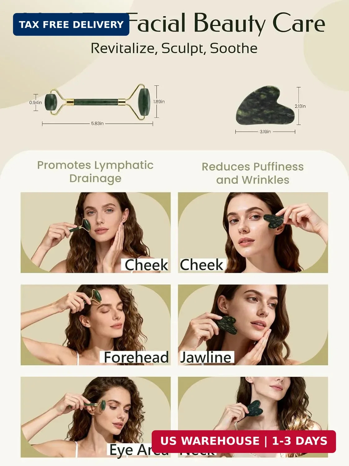 Face Roller & Gua Sha Facial Tools, Face Massager for Self Care, Jade Roller for