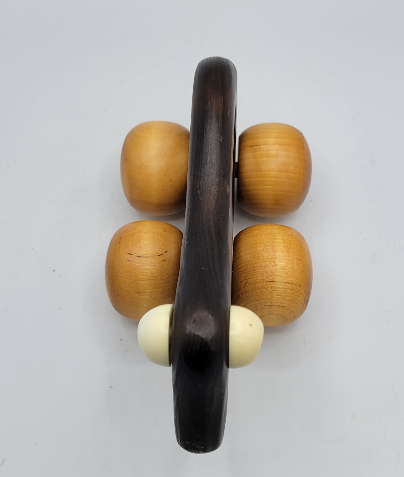 Vintage brown Wooden Frog Hand Massage Roller Ball Wheels 6″ x 9″ green eyes