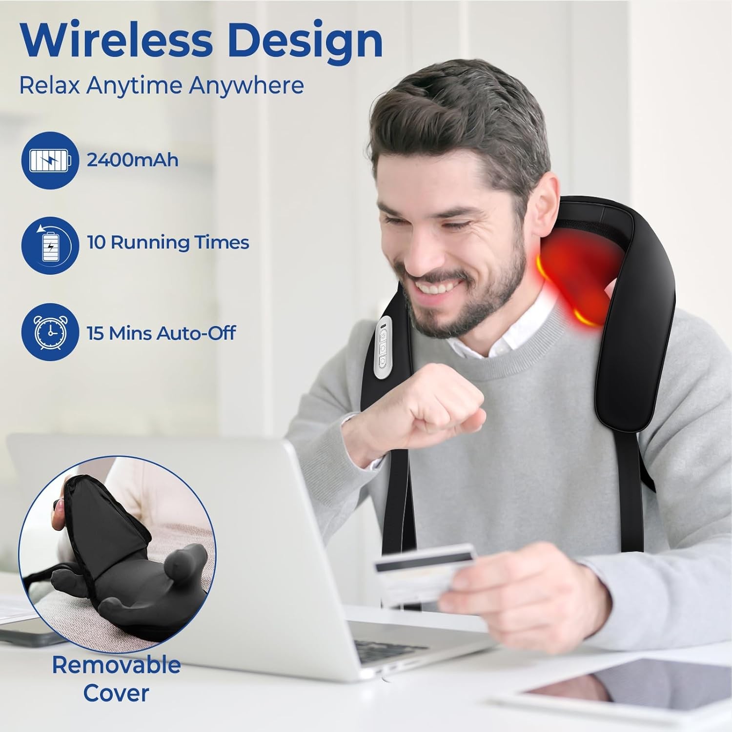 Neck Shoulder Massager with Heat Wireless Adjustable Width Deep Tissue Shiatsu