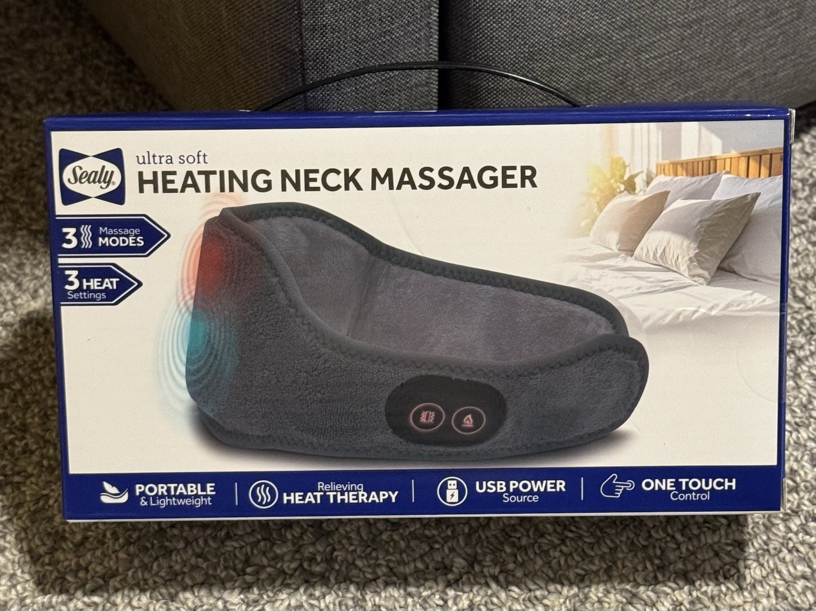 Sealy Ultra Soft Heated Cordless Portable USB Powered Gray Neck Massager