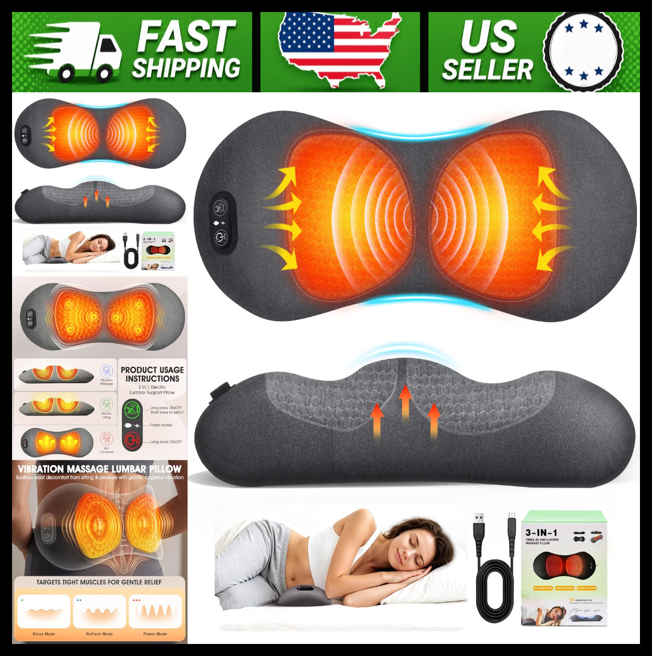 3-in-1 Electric Lumbar Support Pillow Back Massager with Heat & Vibration