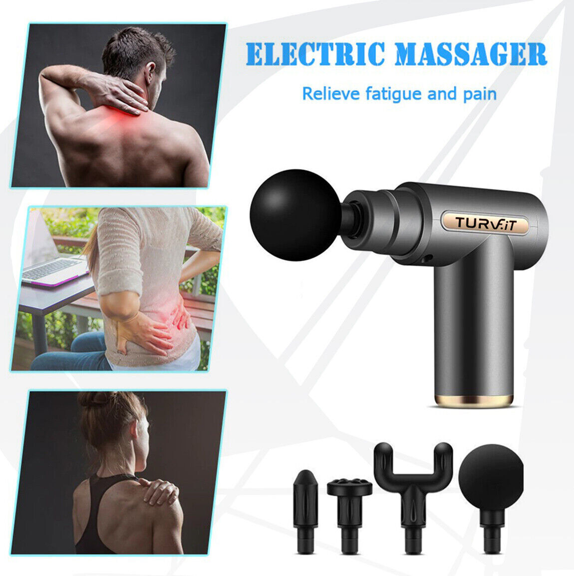 Massager Gun Mini Size deep tissue massage | 6 Mode | 4 Heads by TurvFIT