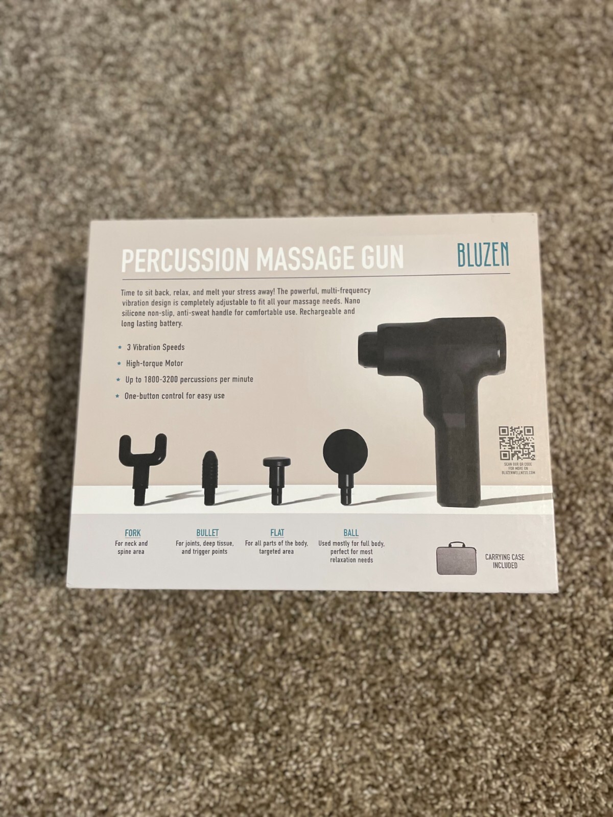 Bluzen percussion massage gun with carry case, black, with 4 attachments