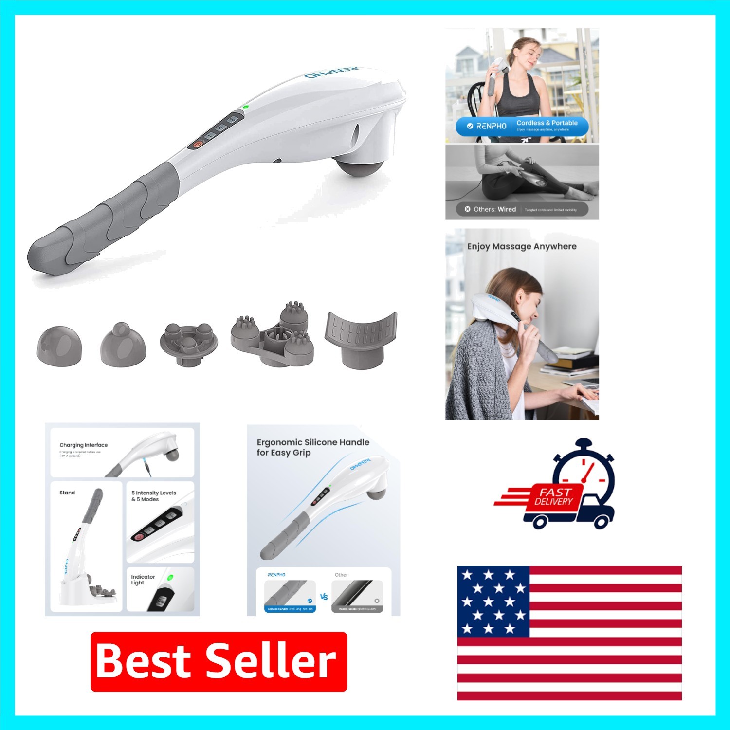 Cordless Handheld Back Massager with 5 Speeds for Deep Muscle Relief – Modern…