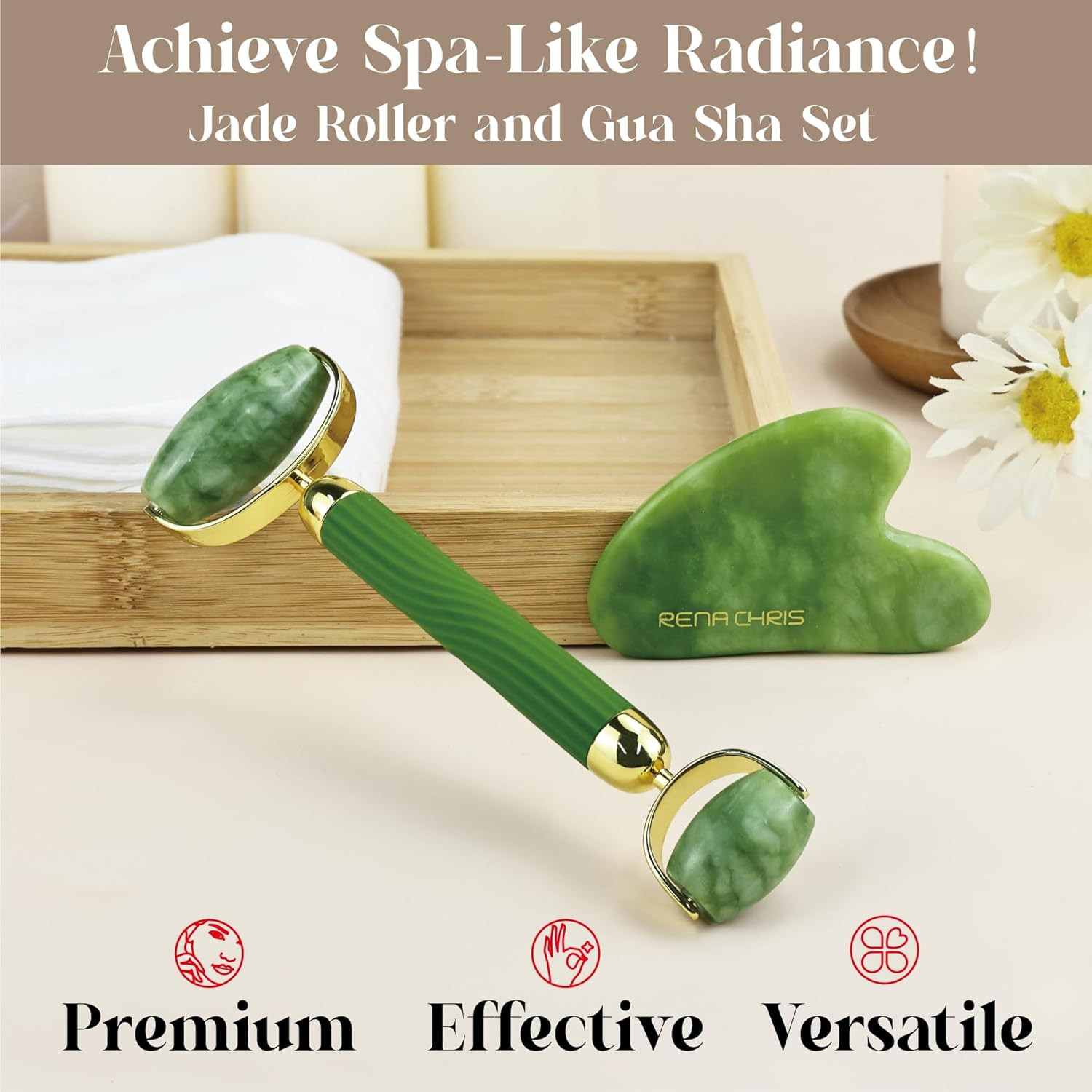 Rena Chris Gua Sha and Face Roller Set: Anti-Breakage Jade Roller for Long-Lasti