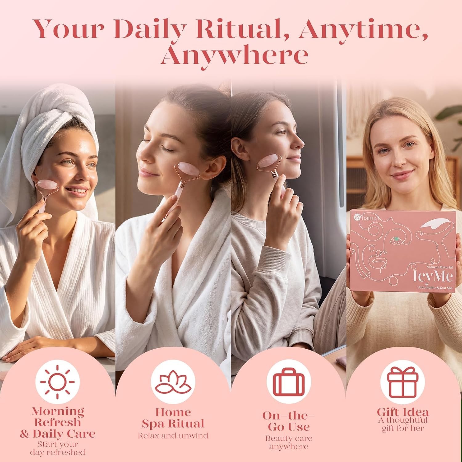 Portable Rose Quartz Facial Roller & Gua Sha for Puffy Skin Relief – Pink Set