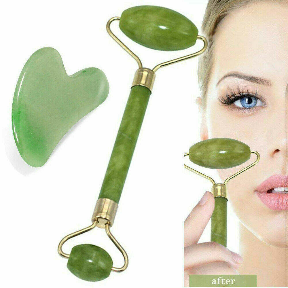Natural Jade Roller Gua Sha Face Body Eye Board Set Massager Tool Anti Aging US