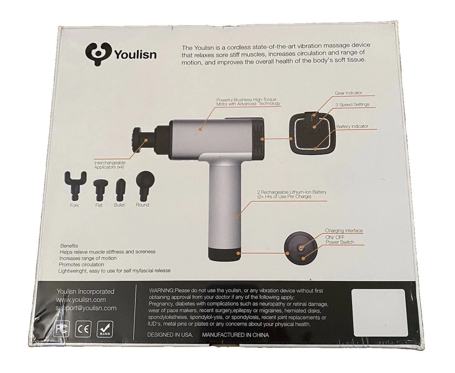 New Youlisn Vibration Massage Gun Cordless Rechargeable 4 Changeable Heads 3 Spd