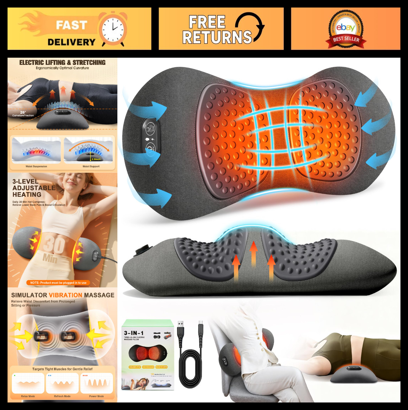 3-in-1 Lumbar Support Pillow with Heat, Vibration & Traction – Back Pain Relief