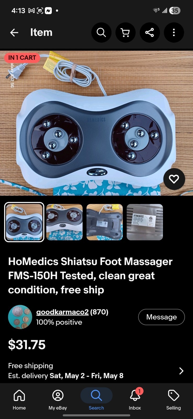 HoMedics Shiatsu Rotating Foot Massager FMS-150H Corded 120VAC Gray/White