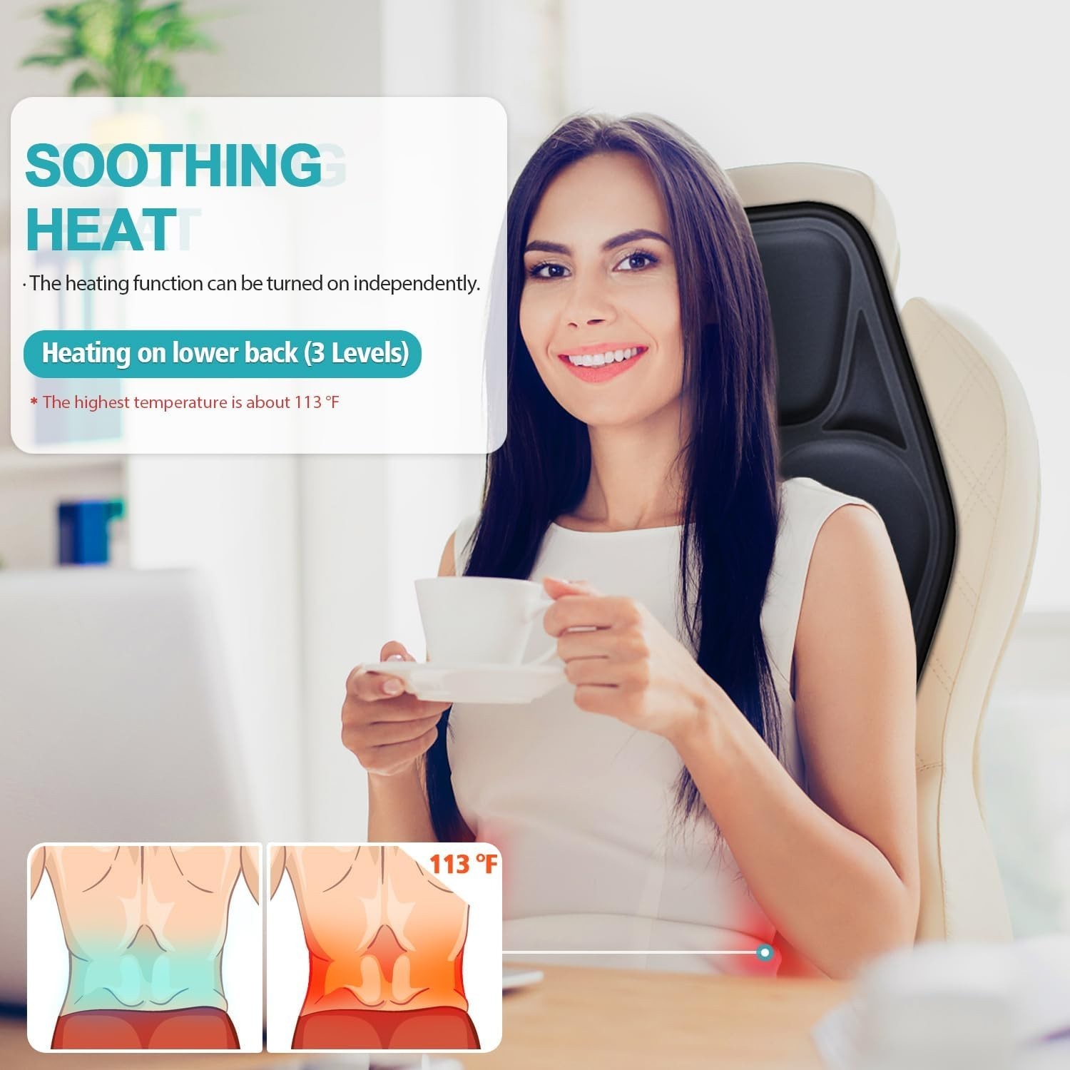 Massage Seat Cushion Pad with Heat 9 Massage Style Lumbar Support Function, Fati