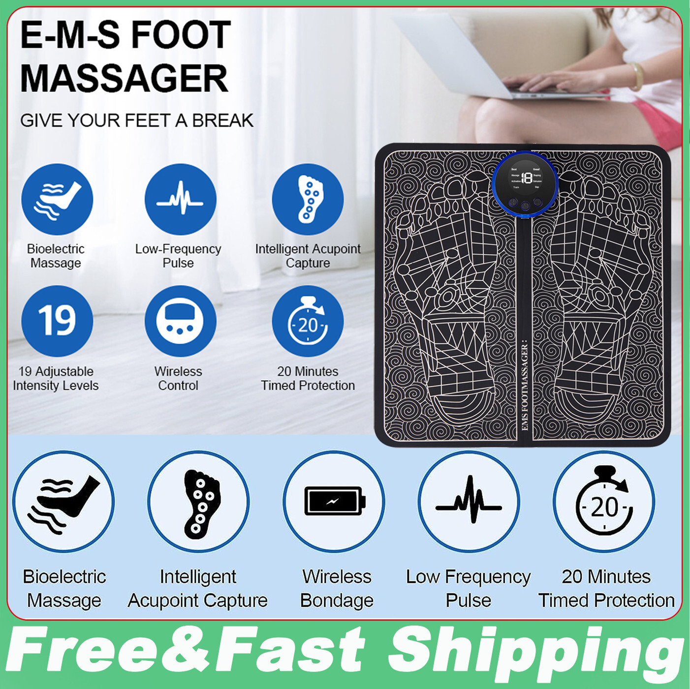 19 Level Electric Foot Massager Pad Blood Circulation Muscle Stimulator Mats