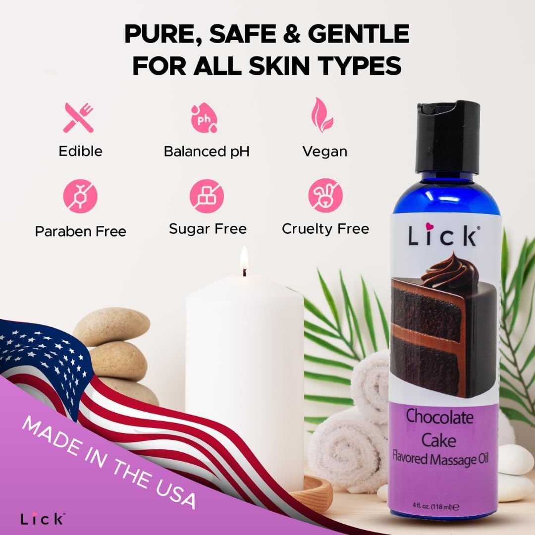 Lick Chocolate Cake Decadence Flavored Massage Oil – Edible, Luxurious, Body