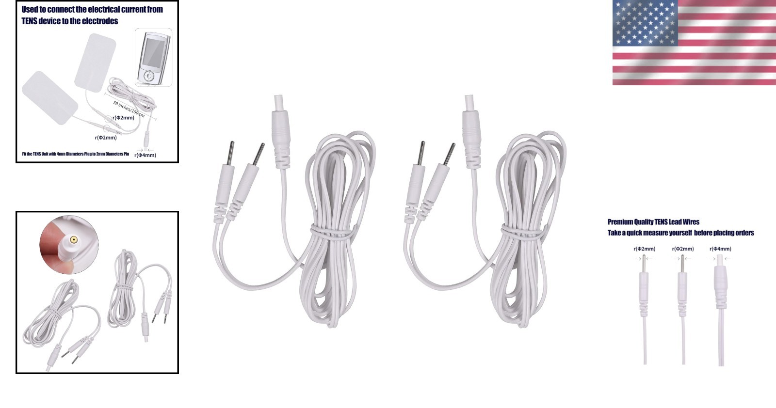 Essential TENS Wires – 2 Count, 59″ Long, 4mm Plug to 2mm Pin Connection