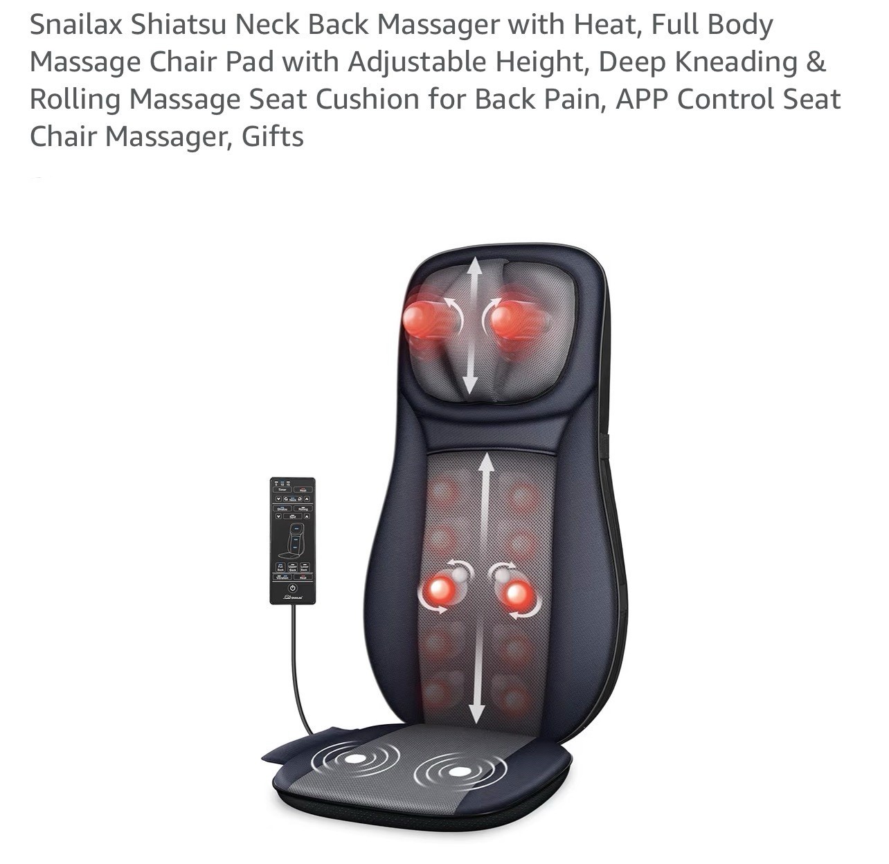 Snailax shiatsu Neck Back Massager Heat, Full Back Rolling Height Adjustment