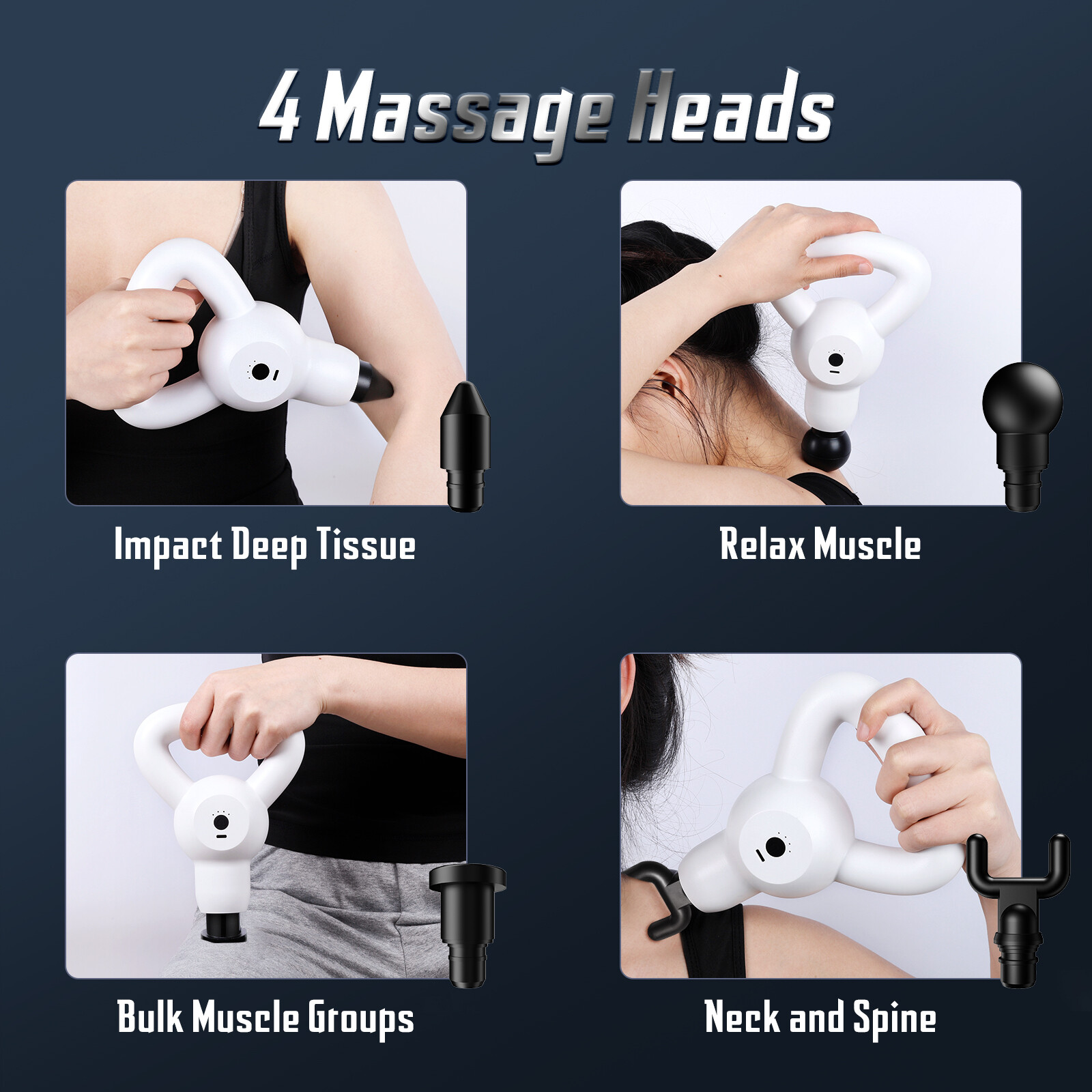 Deep Tissue Massager with 4 Massage Heads and 4 Speeds, Quiet Muscle Massage Gun