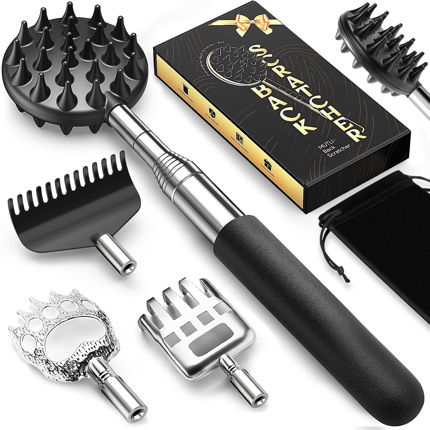 Telescoping Back Scratcher with 5 Detachable Scratching Heads Rubber Handles