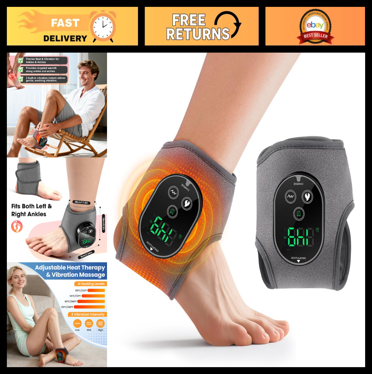 Cordless Heated Ankle & Foot Massager for Pain Relief, Neuropathy, Heating Pad