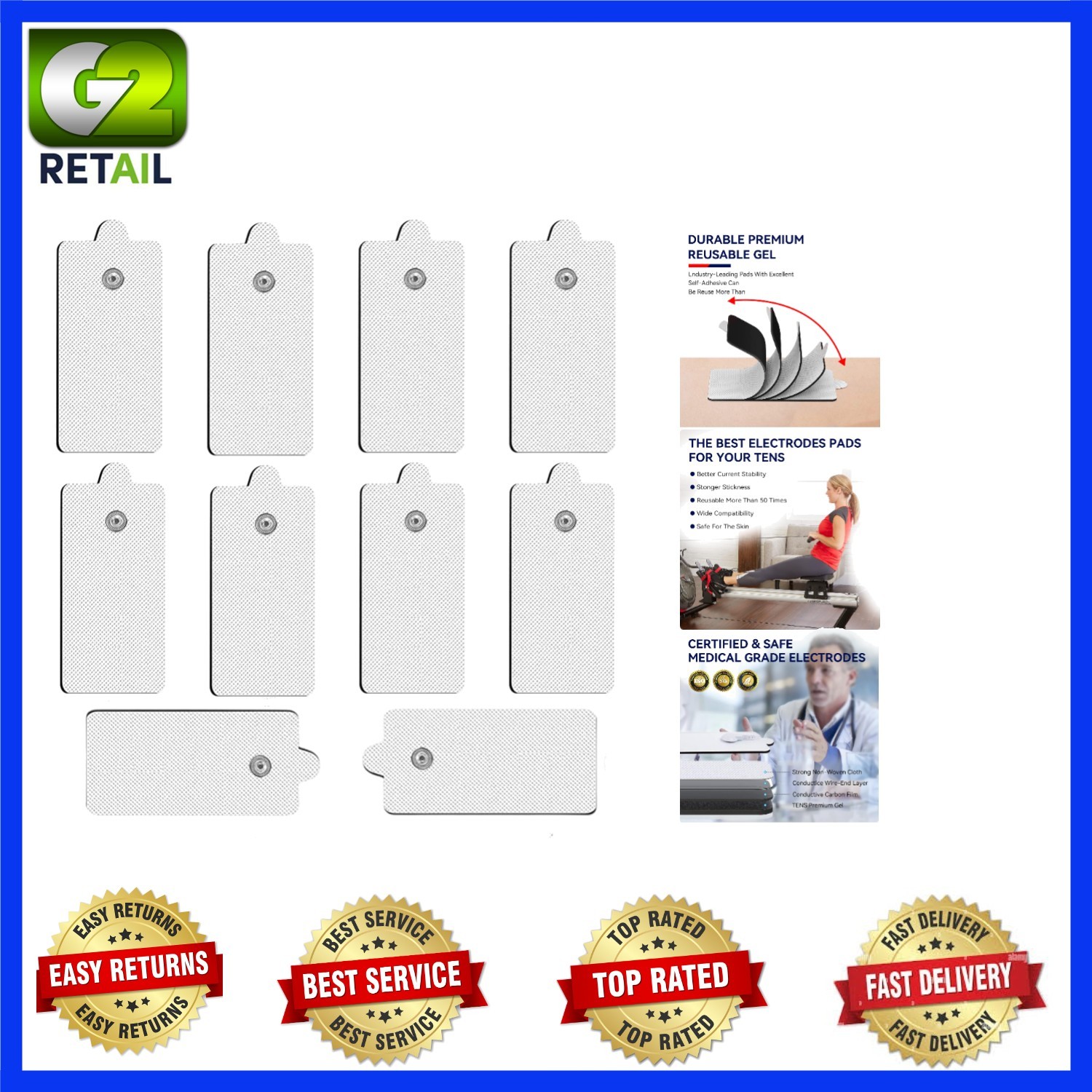 Durable 10 Pcs TENS Unit Pads, Non-Irritating & Reusable for Pain Relief