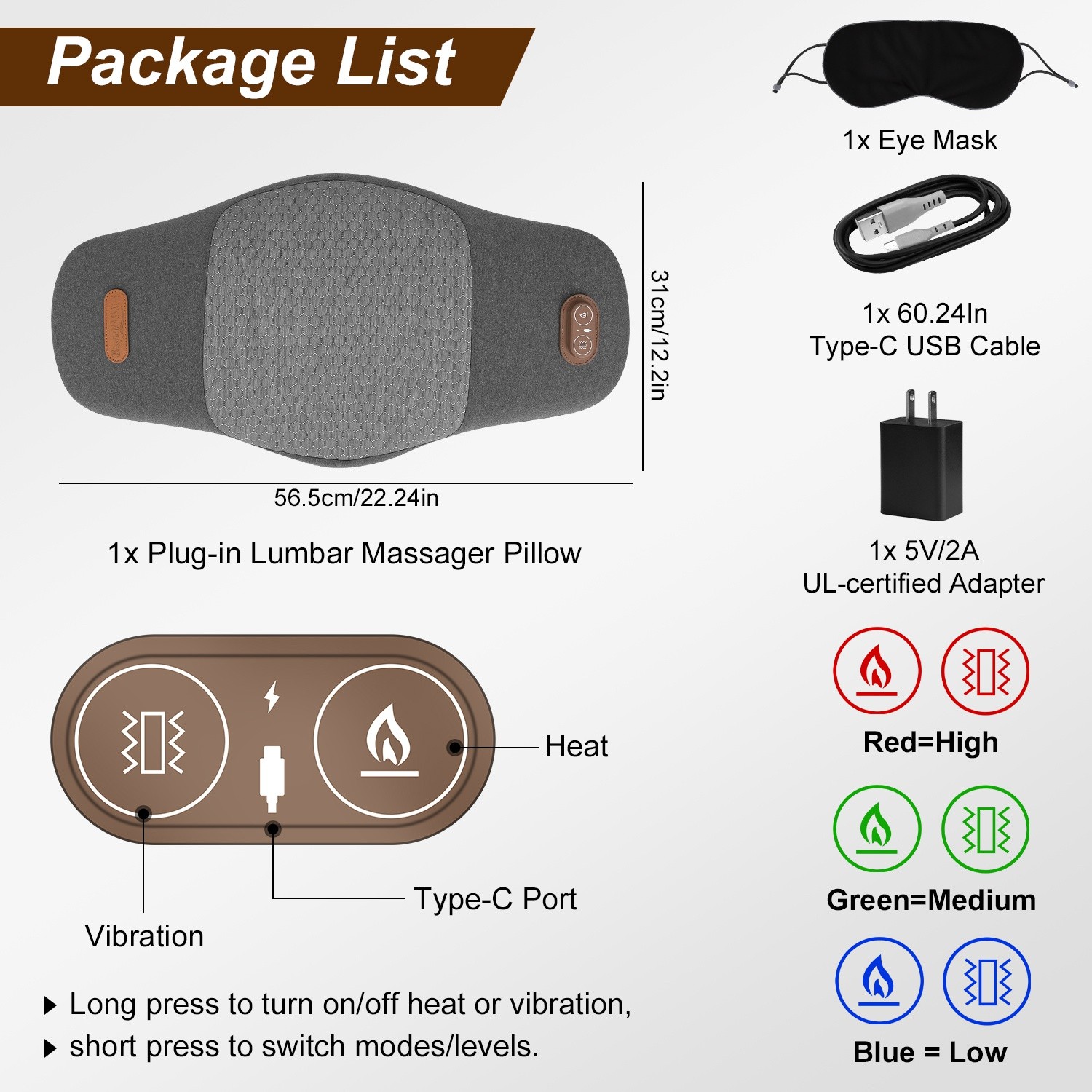Lumbar Support Pillow with Heat & Vibration – Memory Foam Back Massager 120V US