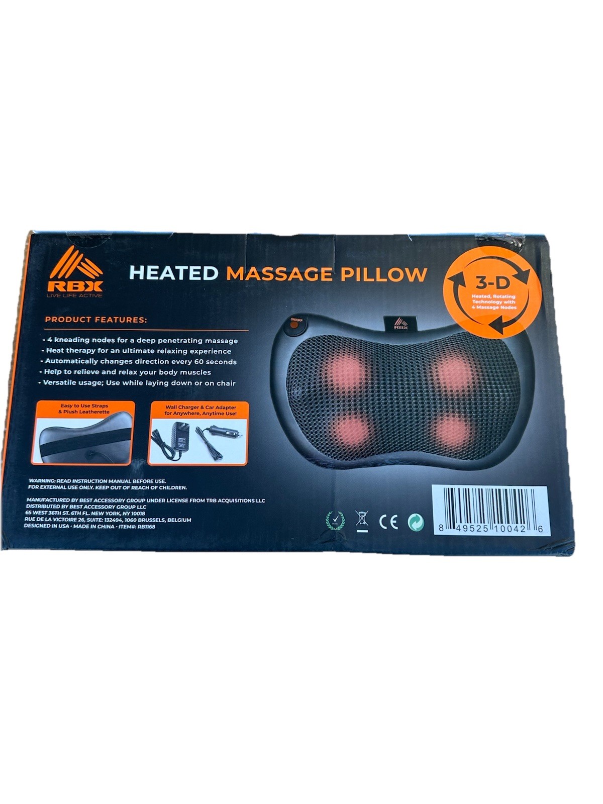 RBX Heated Massage Pillow for Home/Office/Car Includes Car Adapter New Sealed